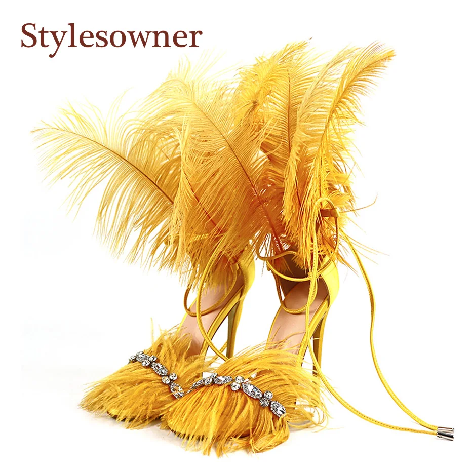 Stylesowner 2020 сандалии украшенные перьями для женщин стразы бахрома открытый носок