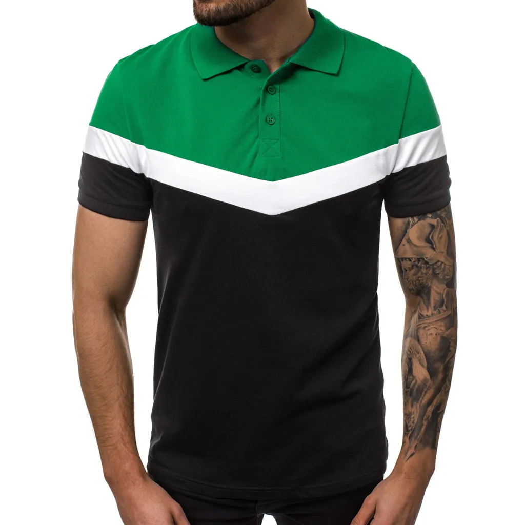 

Fashion Men's Fit SlimTurn-down Collar Button Patchwork Short Sleeve Top Blouse Contrast Color Breathable Men Polo Shirt