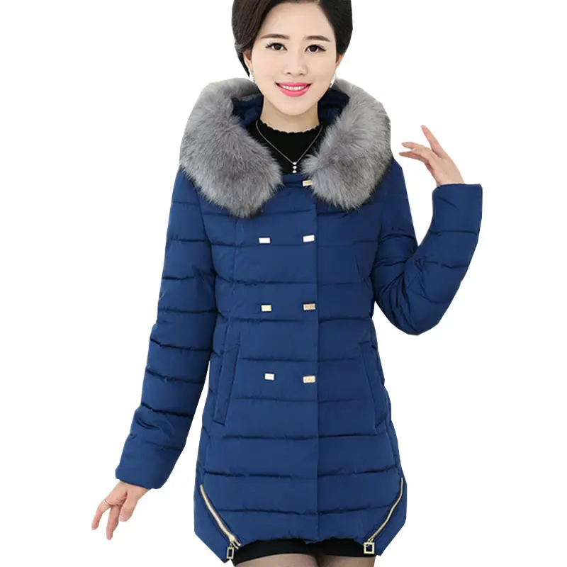 

2017 New Women Long Hooded Fur collar Overcoat Winter Middle aged Mother Down Feather Cotton Jacket Coat Casual Ladies Parkas172