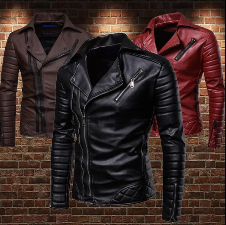 

Personalized mens motorcycle leather jacket men slim coat oblique zipper jackets clothing stage street dance rock fashion black