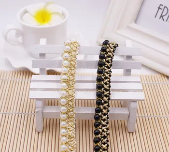 

10Yards 1.5cm Braid Beaded Pearls Black Gold Trimming Embellishment Lace Ribbon Trim Applique Sewing Supplies For Craft Cloth