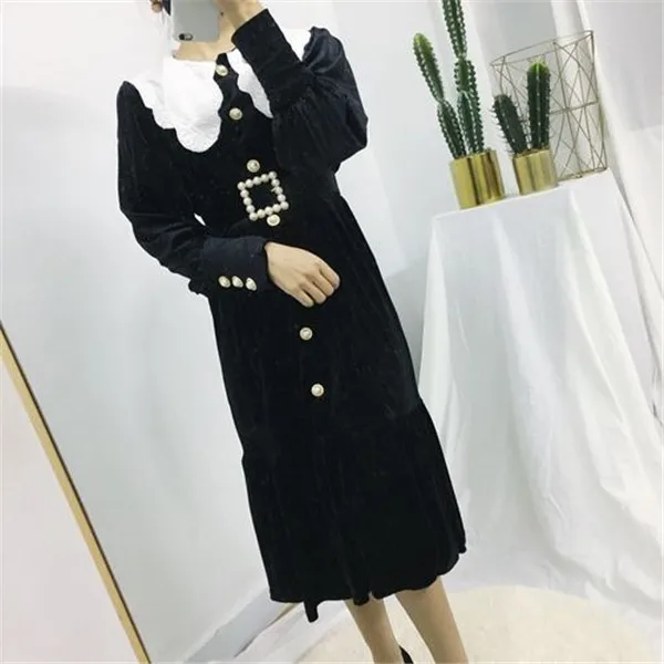 RUGOD винтажное длинное женское платье с жемчужинами и бусинами на пуговицах модные вечерние макси платья с оборками и длинным рукавом с отложным воротником - Цвет: Черный