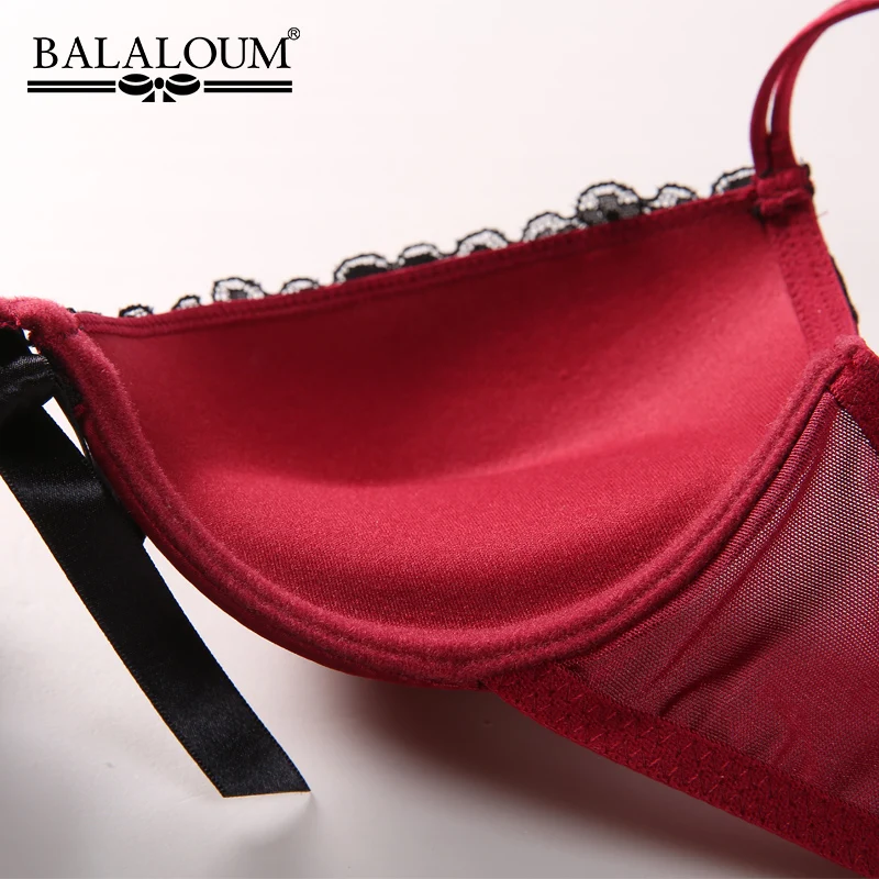 Balaloum Women Elegant Sexy Deep V Push Up Bra and Panty Set Floral Lace Bowknot Seamless G-String T Back Thongs Lingerie Sets