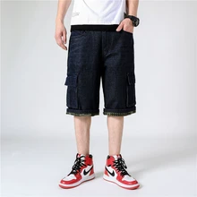 Big Size Denim Shorts Men Baggy Jeans Skateboard Knee Length Shorts Solid Color Pocket Summer Casual Bottoms J0215