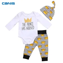 Комплект из 3 предметов, Одежда для новорожденных девочек с принтом короны, комбинезон с длинными рукавами, топы, штаны, штаны, шапка, спортивный костюм