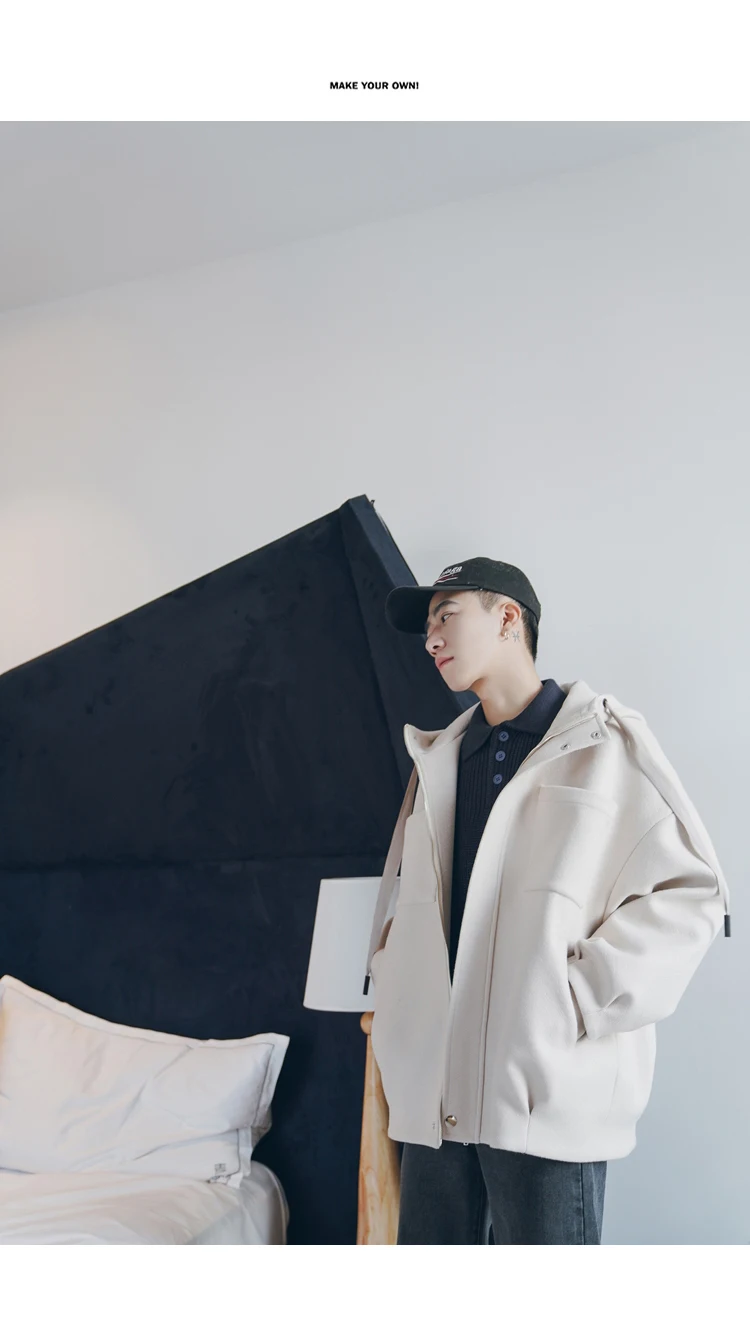 Зимняя новая шерстяная куртка мужская теплая Модная ретро с длинными рукавами с капюшоном пальто Мужская однотонная утолщенная верхняя