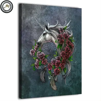 

HD 1 panel canvas painting unicorn dreamcatcher bedsheet blue by Sunima Art wall pictures for living room posters and prints