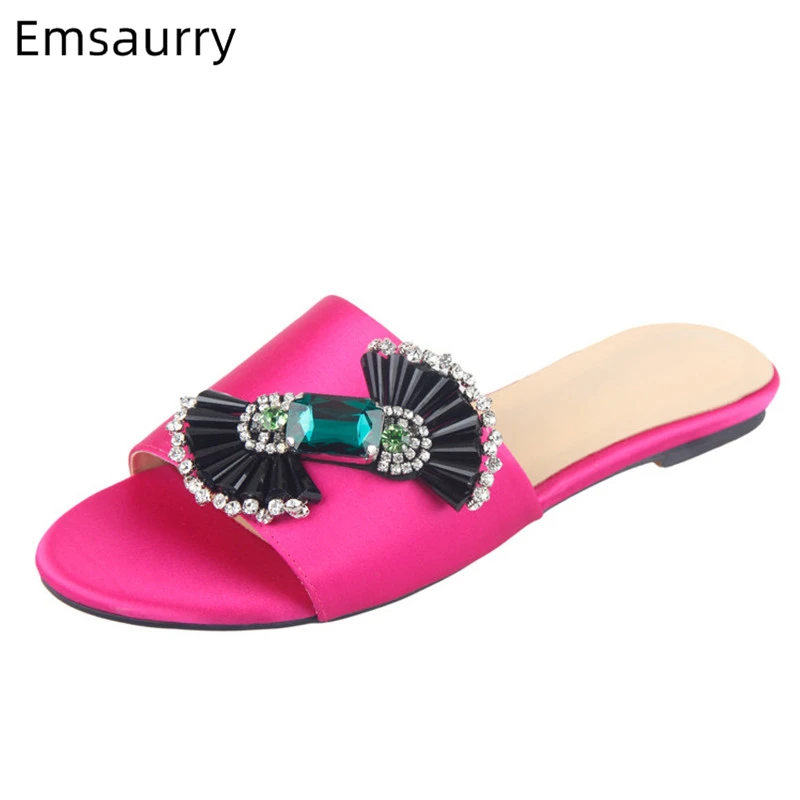 

Luxury Satin Crystal Butterfly-knot Flat Slippers Open Toe One-strap Lace Candy Diamond Bowknot Fashion Outwear Shoes Woman
