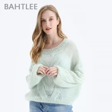 BAHTLEE женский мохеровый свитер с перекрестной строчкой осенне-зимнее, связанное из шерсти джемпер пуловеры с пышными рукавами Slash шеи свободный стиль