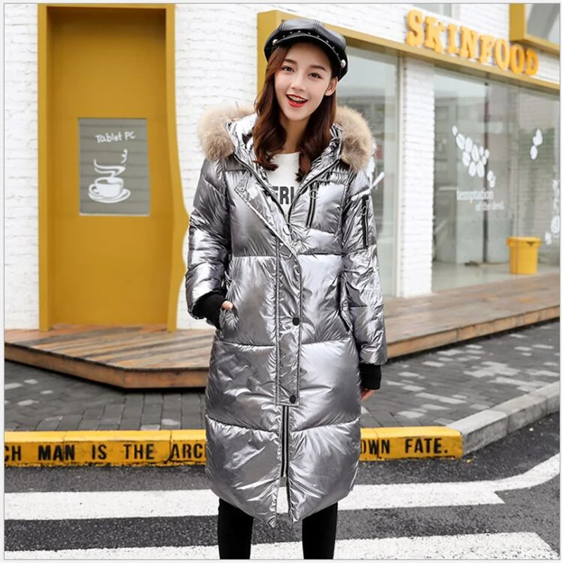 Женская зимняя куртка длинное теплое пальто серебряное глянцевое пальто Женская парка размера плюс верхняя одежда chaqueta feminino 202
