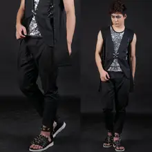 Черные мужские Штаны штаны-шаровары Штаны для мужчин средства ухода за кожей стоп брюки для пения, танцев рок Европейский Панталоны street Новинка этап личности