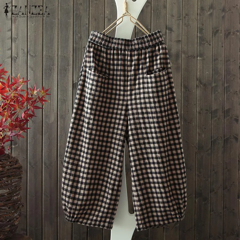 

Women Cotton Linen Pants ZANZEA 2019 Summer Plaid Check Elastic Waist Casual Trousers Loose Pockets Wide Leg Long Pantalon Femme