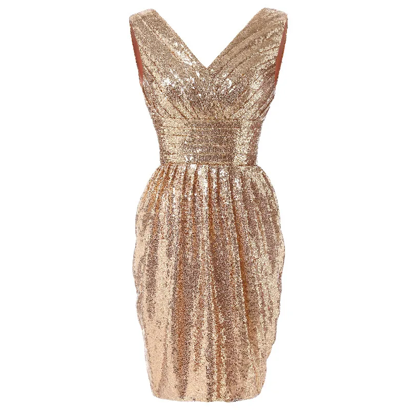 

W.JOLI Short V-Neck Evening Dress Glitter Sequined Bling Prom Gown Bride Banquet Pleat Strapless Wedding Party Dresses