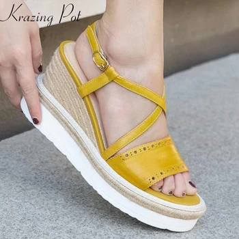 

Krazing Pot genuine leather women wedges platform high heels buckle strap design elegant summer hollow decoration sandals l72