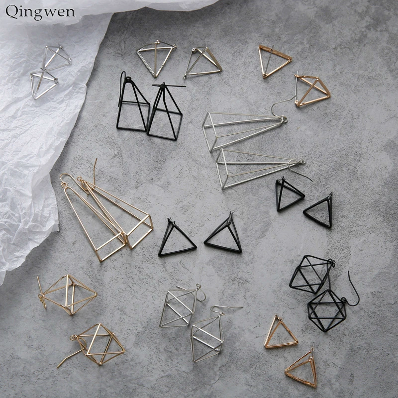 Qingwen Minimalist Punk Earrings Women Geometric 3D Triangle Hollow Polygon Earrings Brincos Party Stud Earrings Jewelry CE0938