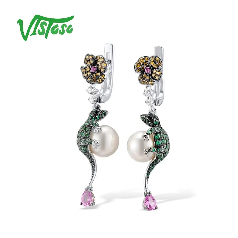

VISTOSO Silver Drop Earrings lizard Earrings For Women 925 Sterling Silver Round White Fresh Water Pearl Fashion Fine Jewelry