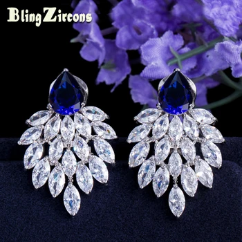 

BeaQueen Gorgeous Big Blue Stone Paved White Marquise CZ Crystal Stud Earrings Women Royal Studs Jewelry for Gifts E028