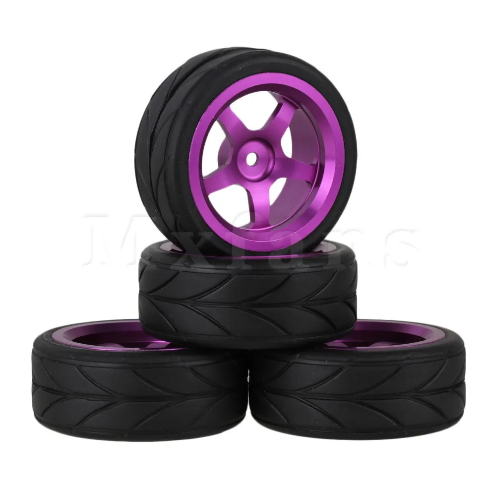 

4x RC1:10 On Road Car Purple Alloy 5 Spoke Wheel Rims Arrow Pattern Rubber Tyres