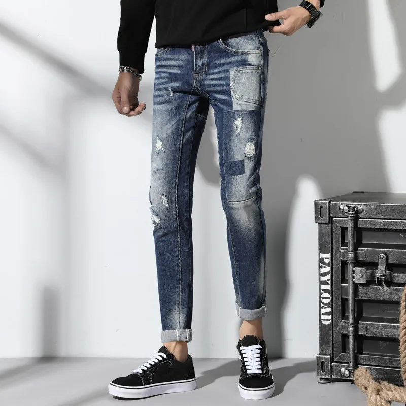 Italy Designed Man Slim Ripped Holes Jeans Men patchworks Skinny Denim Pants Male Street Wear Quatliy Europeans style Trousers