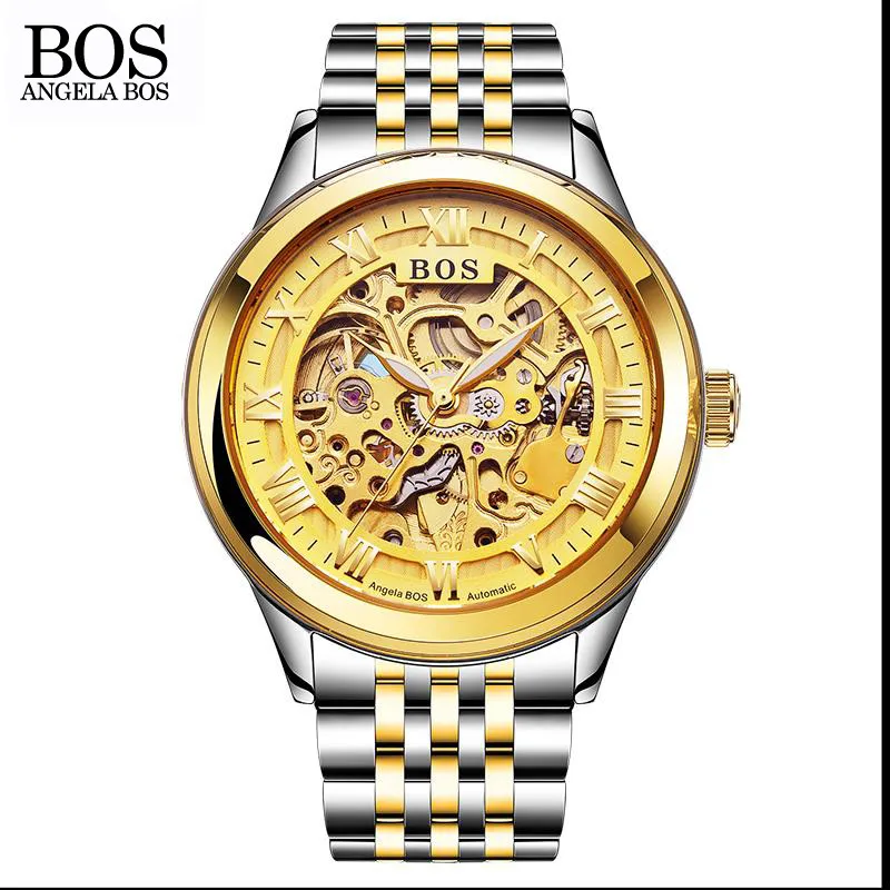 ANGELA BOS Luxury Gold font b Watch b font Men Mechanical Automatic Stainless Steel Skeleton Waterproof