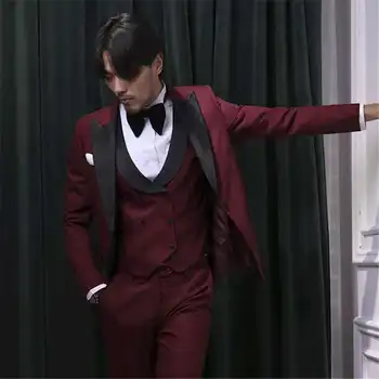 

Custom Mens Suits (Jacket + pants + vest) men groomsmen wedding dress suit men's slim fit Burgundy party men's tuxedo Blazer