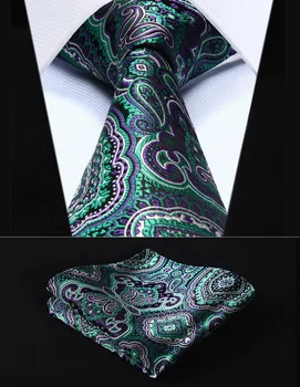 

Party Wedding Classic Pocket Square Tie TP707P8S Purple Green Paisley 3.4" Silk Woven Men Tie Necktie Handkerchief Set