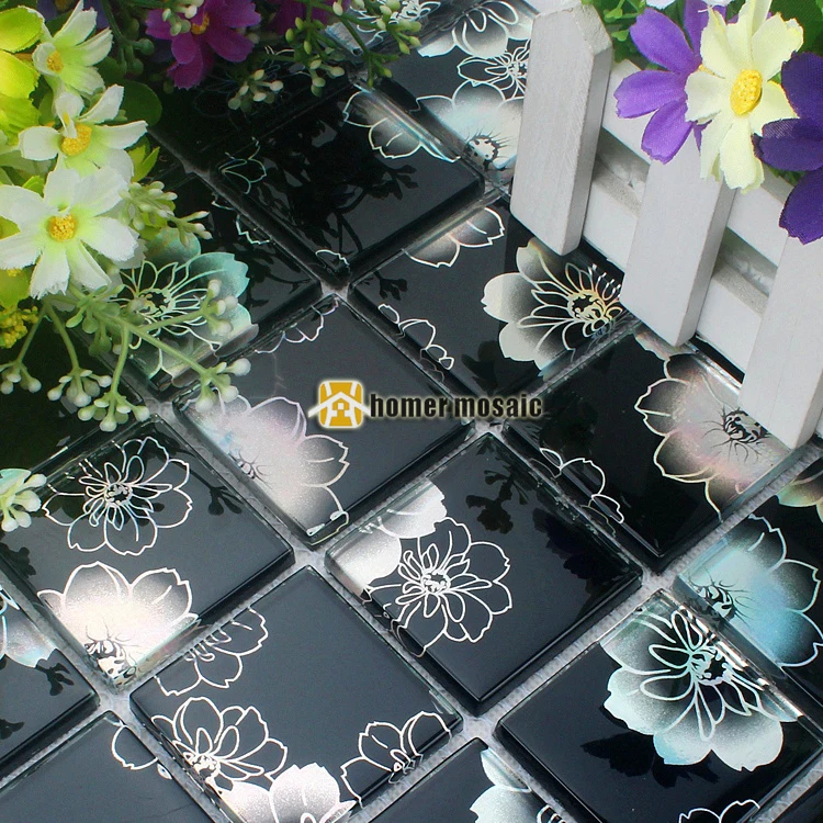 black white glass printing flower mosaic tile HMGM2038E for mesh