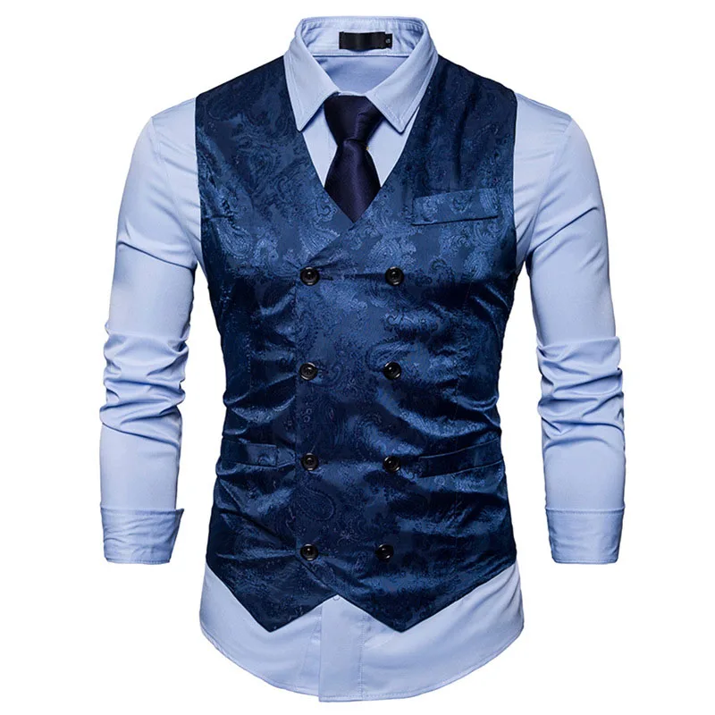 

Blue Paisley Suit Vest Men 2019 Brand New Slim Fit Double Breasted Male Waistcoat Vest Men Groom Wedding Dress Vests Chalecos