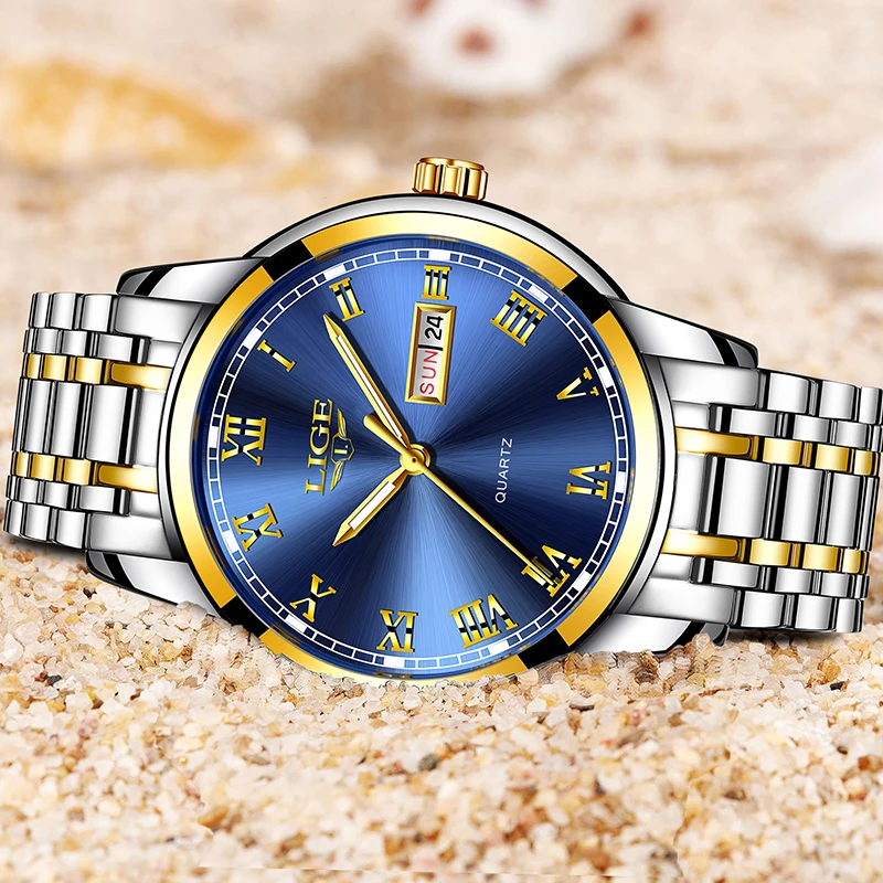 2019 LIGE Luxury Brand Men Stainless Steel Gold Watch Men's Quartz Clock Man Sports Waterproof WristWatch Relogio Masculino+B 