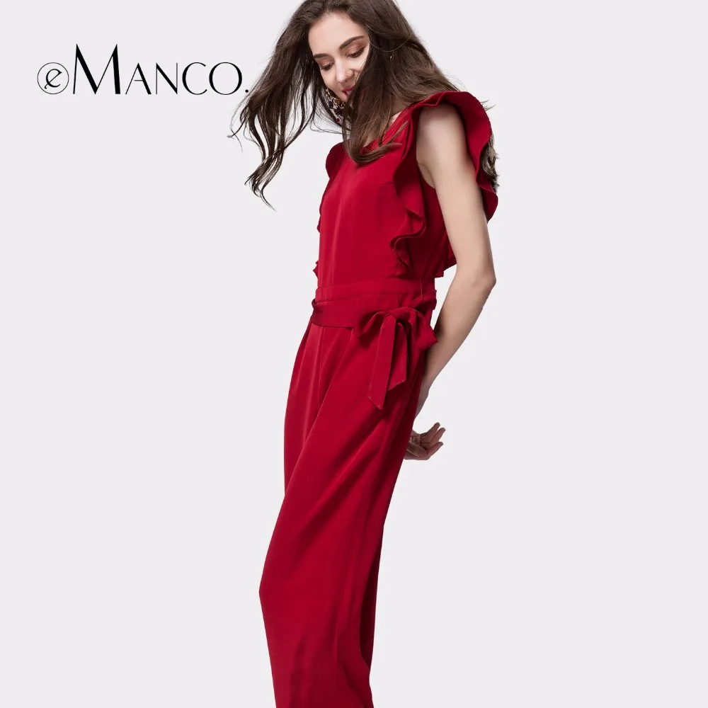 e-Manco Wide leg Elegant Long red jumpsuit Overalls for women Fashion Petal sleeve O-Neck Loose Solid Full-Length Women set
