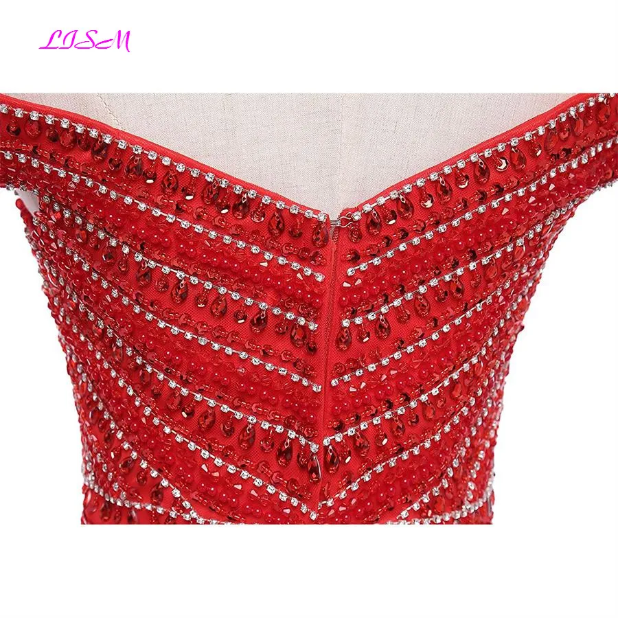 Boat Neck Crystals Satin Long Prom Dress Red Puffy Long Sleeveless Beaded Evening Formal Gowns Fashion Party Prom Female Dresses Boat Neck Crystals Satin Long Prom Dress Red Puffy Long Sleeveless Beaded Evening Formal Gowns Fashion Party Prom Female Dresses
