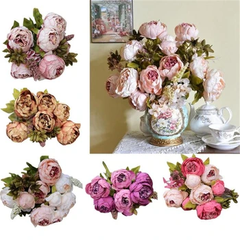 

1Bouquet 8 Heads Artificial Peony Silk Flower Leaf Home Wedding Party Decor Dark pink Red Bean Paste Light Pink Brown home decor