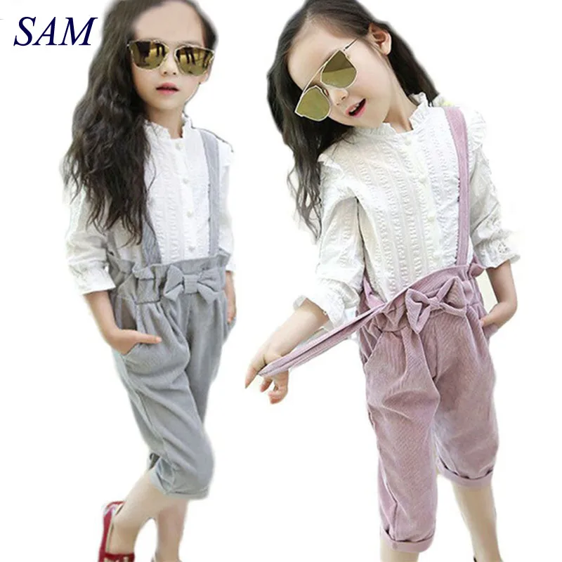

Kids 2018 Korean new wood ear t shirt + corduroy leather belt pants 2 pcs suit children's autumn fashion clothing sets