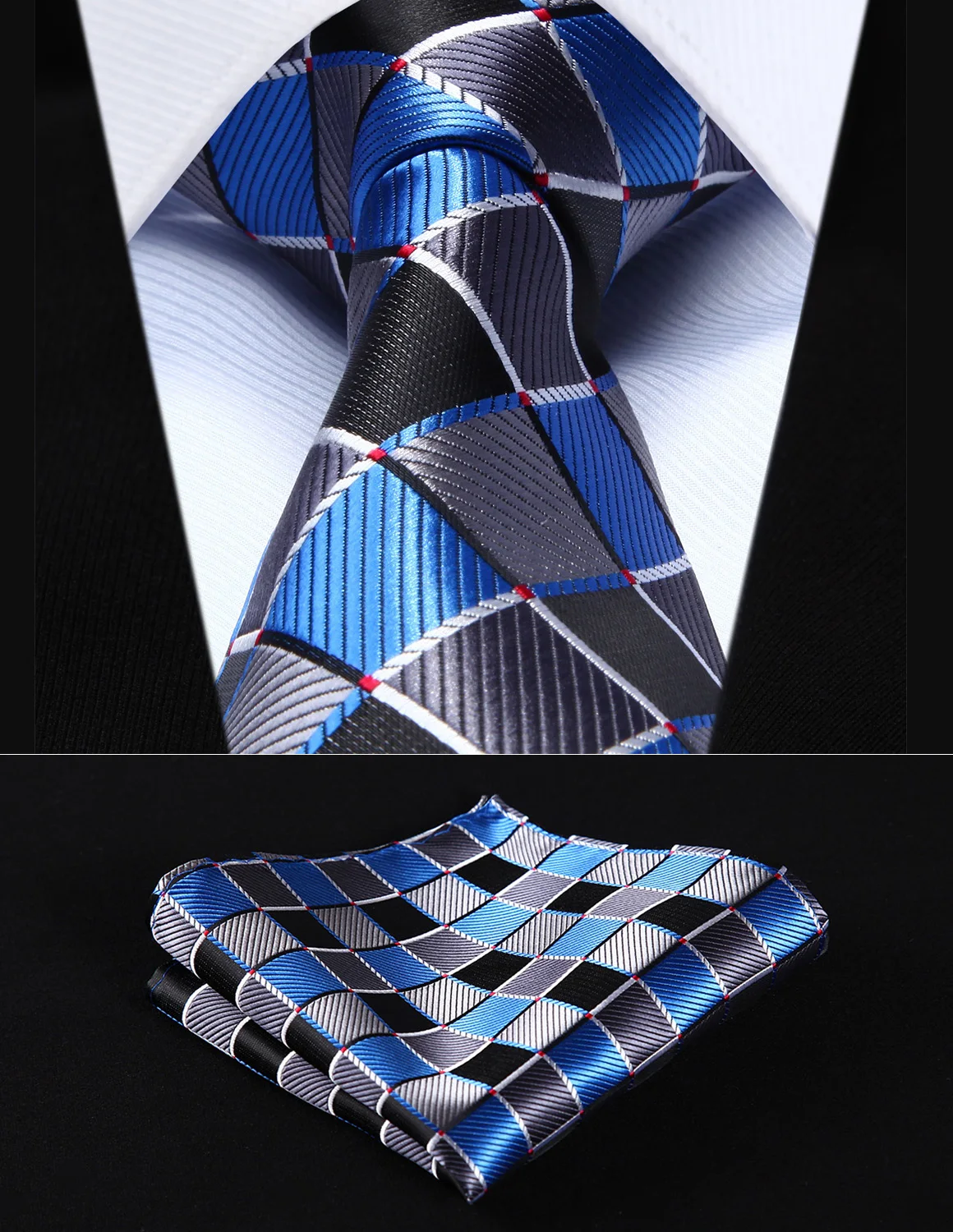 TC807B8S Blue Gray Check 3.4" Silk Woven Men Tie Necktie Handkerchief