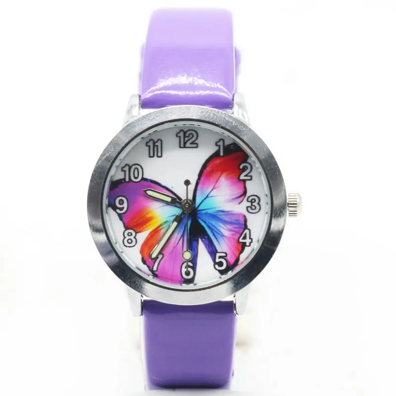 Модные женские часы-браслет для девочек кварцевые часы с бабочкой кожаный ремешок аналоговые Кварцевые Наручные детские часы - Цвет: Фиолетовый