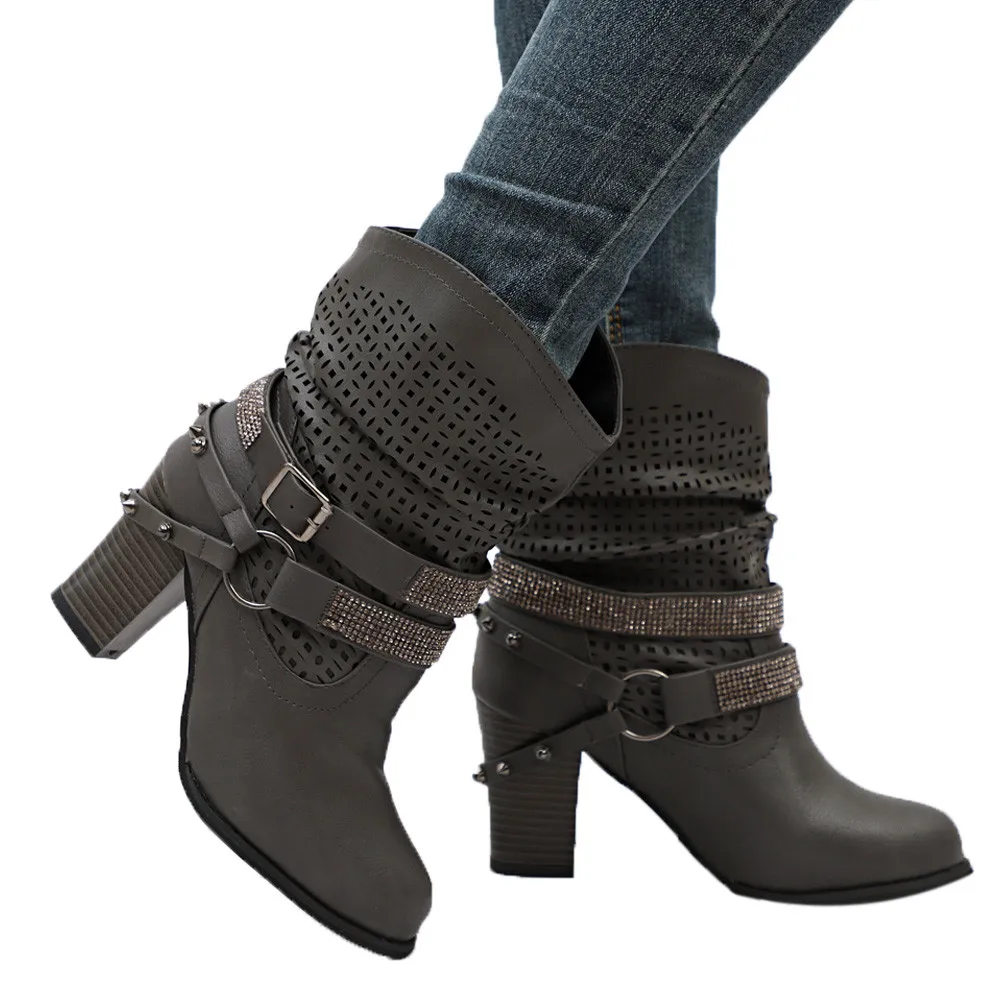 Women Autumn Winter Hollow Out Ankle Boots Ladies Heel