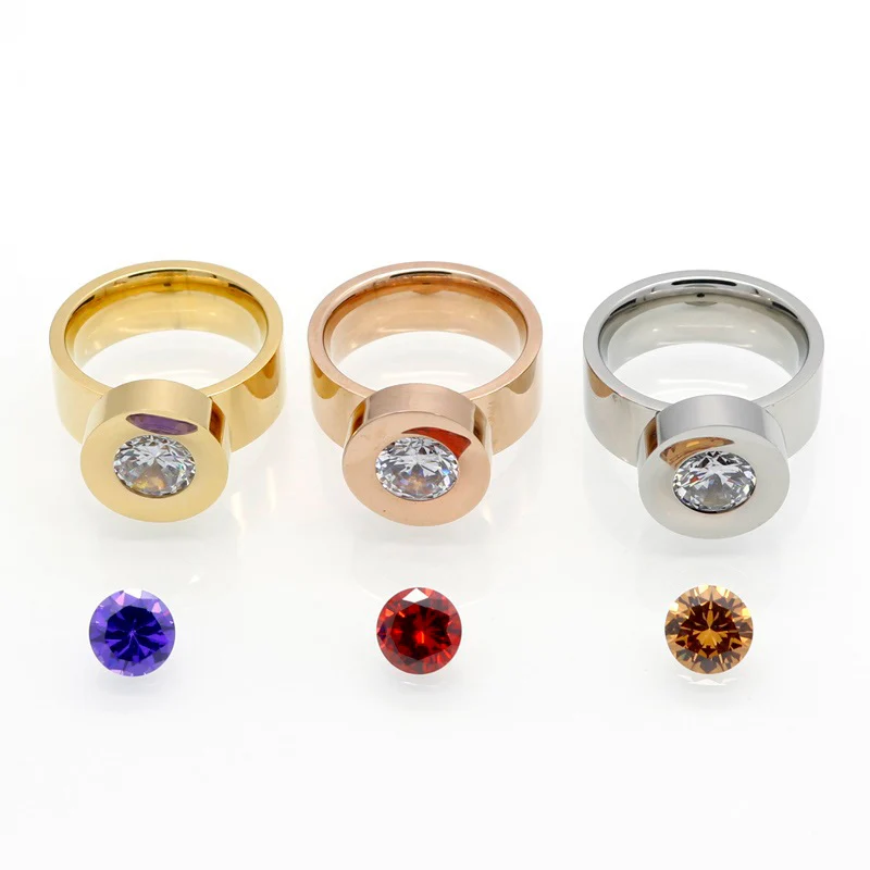 Wedding Rings New Trendy Gold 4 Color Zircon Crystal Round Stone Ring For Women Female 316L Stainless Steel Ring Male Brand Wedding Jewelry