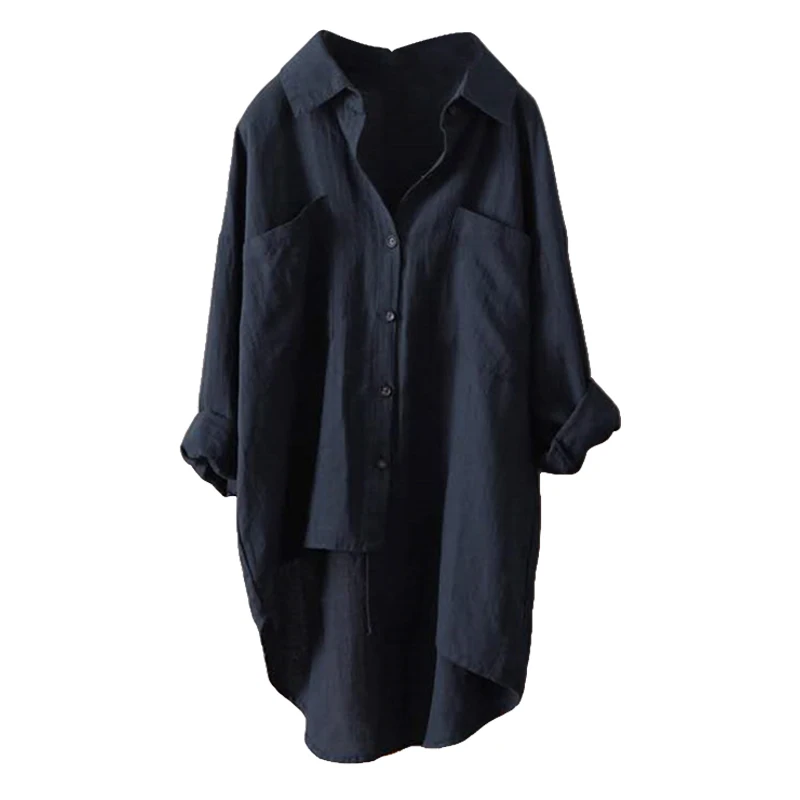 فضفاض بلون جيوب التلبيب كم طويل جديد حار النساء بلوزة عصرية السيدات عارضة زر أسفل القمصان غير المتماثلة تنحنح قمم