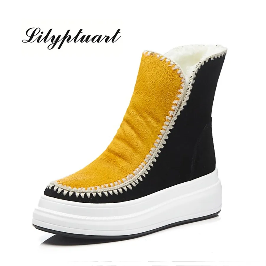

2019 new European and American style cow suede horse hair material short boots round head muffin soles warm retro snow boots