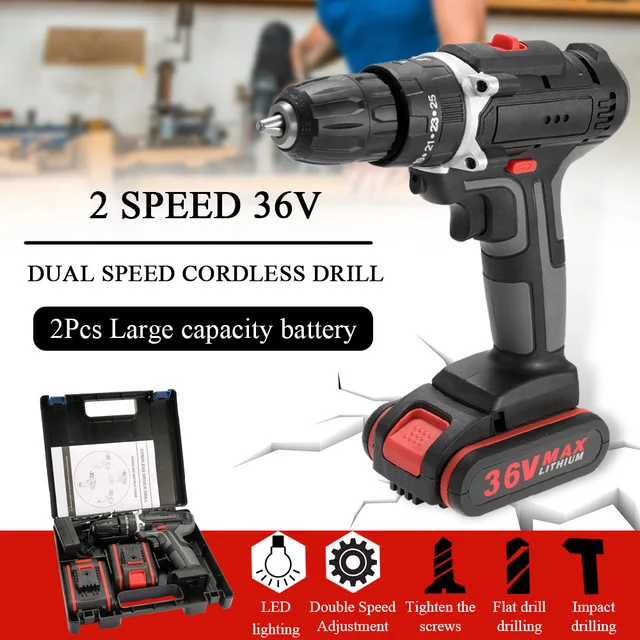 

36V Electric Impact Cordless Drill Electric Screwdriver LED light with 2 Li-ion Battery Rechargeable 2-Speed DIY Power Tools