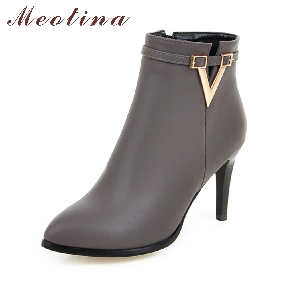 En Ligne Meotina Femmes Chaussures À Talons Hauts Cheville Bottes Martin Bottes Zip Automne Printemps Bout Pointu Haute Talons Lady Chaussures Gris Grand taille 10 40 43