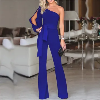 

Women Oblique Shoulder Pure Color Summer Jumpsuit 2018 Casual Party Clubwear Playsuit Jumpsuit One-shoulder Long Trousers Pants