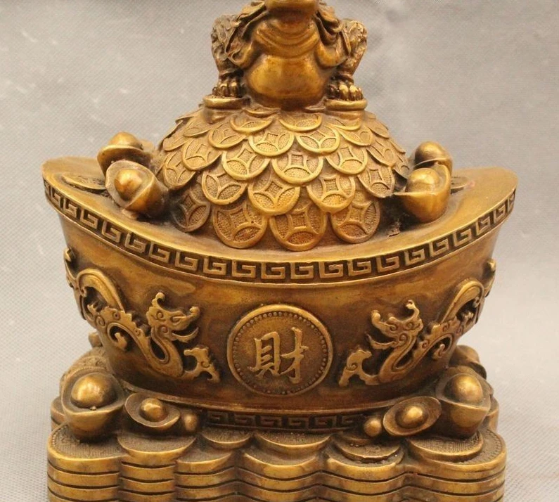 

7" Chinese Folk Brass Treasure bowl Golden Toad Spittor Peach Yuan Bao Statue