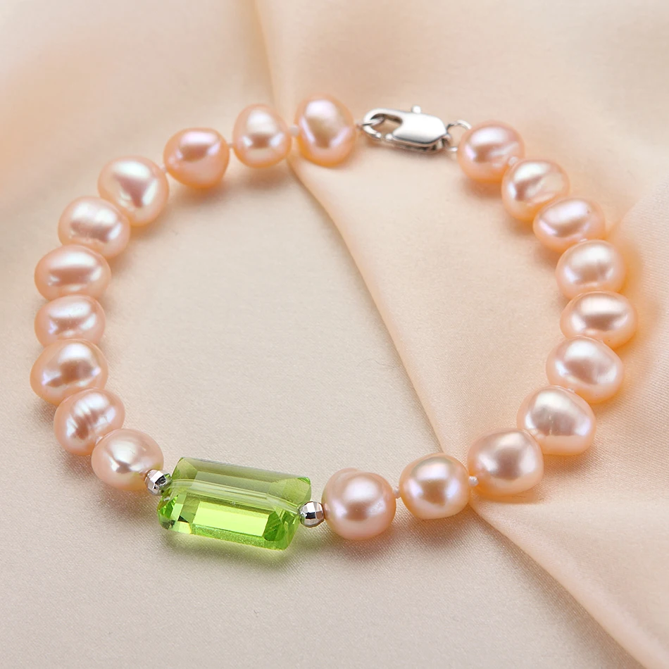 

Special offer Baroque 7-8 MM Natural Pink Freshwater Green Crystal Strand Bracelet Fine Jewelry Pearl Bracelets For Women