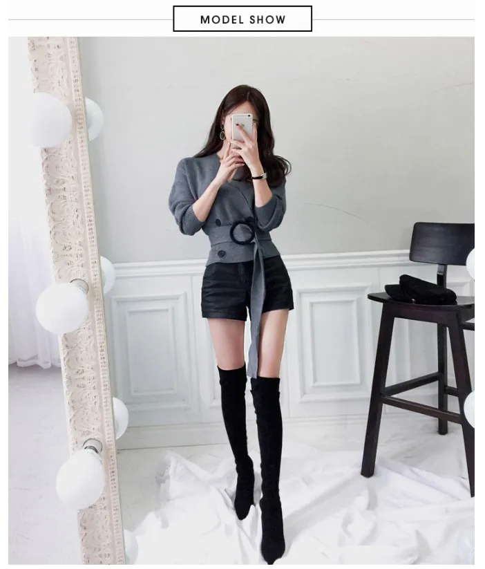 New High Quality Warm Cardigan Winter Women V Neck Double Breasted Short Sweaters Women Casual With Belt Knit Sweater DS50816