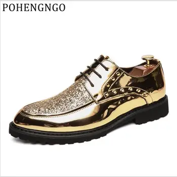 

New Men fashion gold paillette leather Shoes Rivets Men Homecoming Dress Wedding Party gentleman shoes Sapato Social Masculino