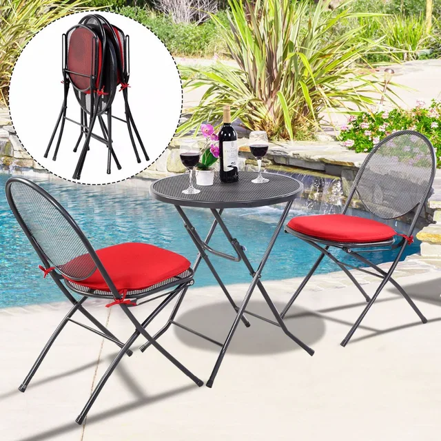 3 Pcs Folding Steel Mesh Outdoor Patio Table Chair Garden Backyard 3 Pcs Folding Steel Mesh Outdoor Patio Table Chair Garden Backyard Furniture Set Hw51792
