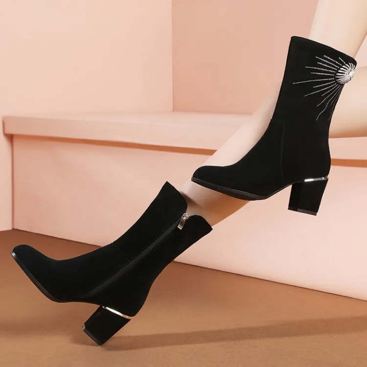 Taille En Bottes Vache Noir Femmes Haut Hiver Talons Daim Suédé Grande Mode De 43 Fourrure Automne mollet Mi Épais Cuir {zorssar} UwW5qCx