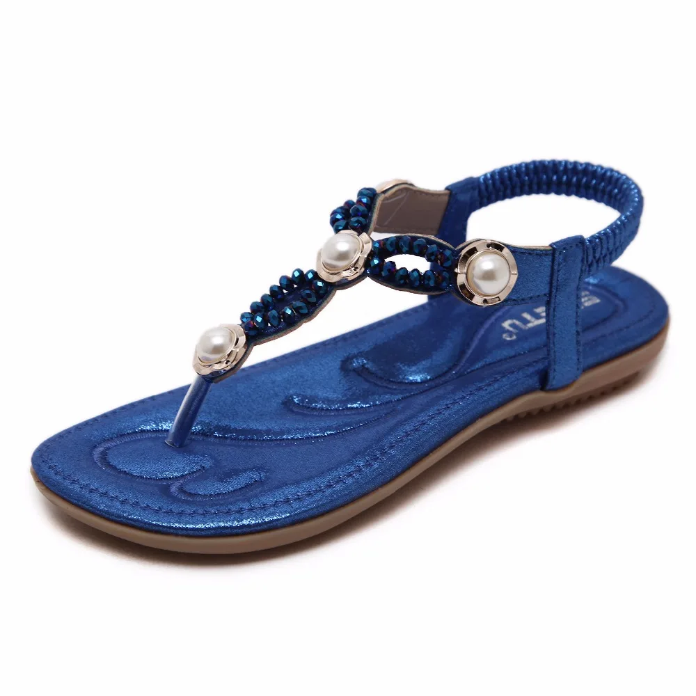 2018 Summer Beach Rome Rhinestone Gladiator Sandals Women Dark Blue Low Heels Crystal Sandals Casual Black Leather Flat Sandals