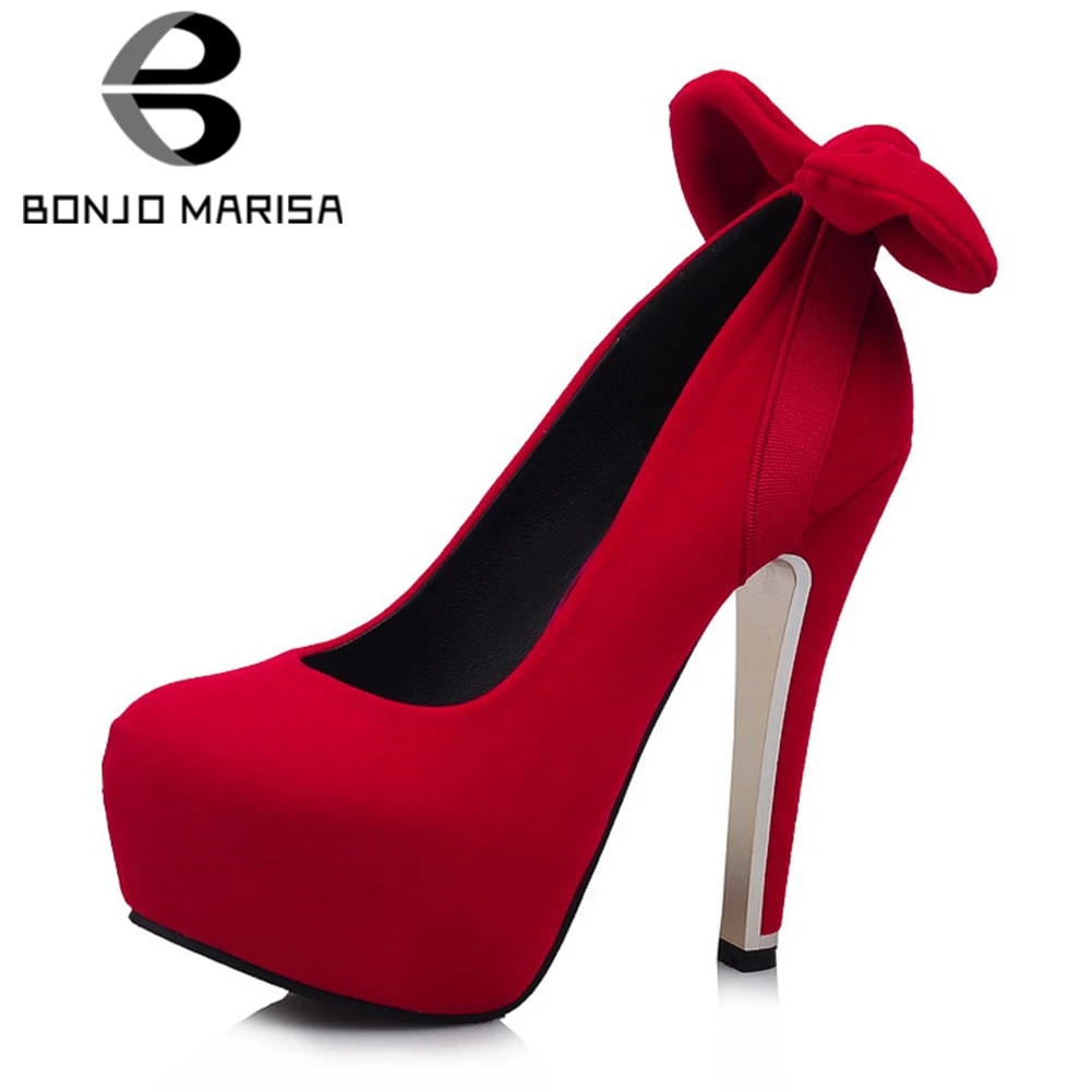 

BONJOMARISA New Flock Round Toe Bowtie Spike High Heels Platform Shoes Woman Party Sexy Spring Autumn Pumps Big Size 32-42